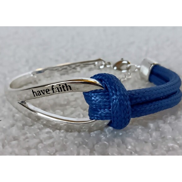 Avon Signed SAQ Silvertone & Blue Cord "Have Faith" Bracelet 6.5-7.5 in - Picture 3 of 14